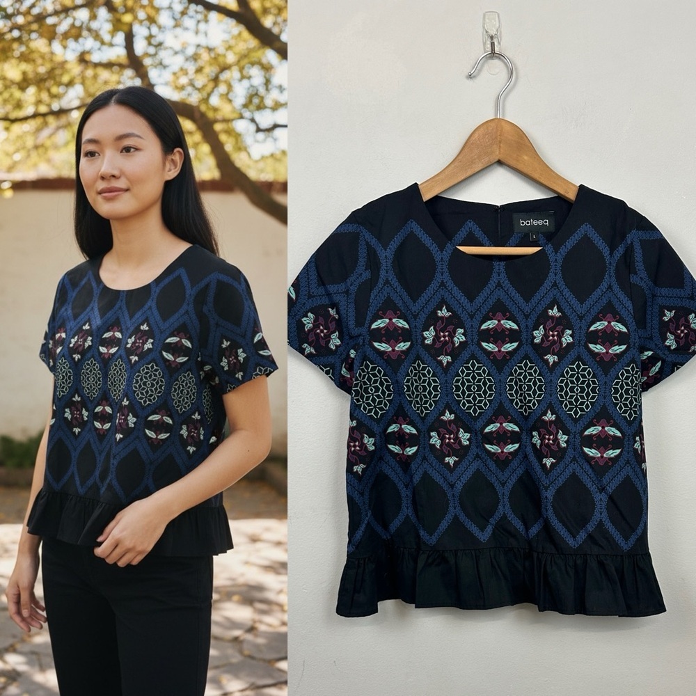 Bateeq Blue and Black Ruffle Trim Bee Print Top Az L